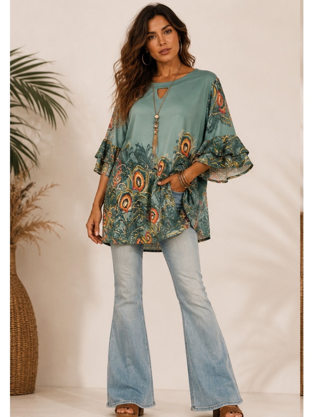 Beyond This Planet Teal Peacock-Print Boho Hippie Bell Sleeve Tunic X-Large